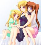  3girls :d alicia_testarossa bare_shoulders barefoot bed bed_sheet blanket blonde_hair blue_eyes blush bow brown_hair child closed_mouth dress fate_testarossa hair_bow height_difference hug hug_from_behind laughing long_hair lyrical_nanoha mahou_shoujo_lyrical_nanoha mahou_shoujo_lyrical_nanoha_strikers multiple_girls on_bed open_mouth ponytail red_eyes saki_chisuzu siblings side_ponytail sisters sitting skirt smile takamachi_nanoha time_paradox toes twintails yuri 