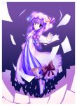  1girl bangs book bow dress female full_body hat looking_at_viewer moru_pomu_po open_book open_mouth patchouli_knowledge purple_background purple_dress purple_hair socks solo striped touhou violet_eyes 