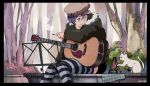  1girl acoustic_guitar cat cigarette guitar hat instrument jacket kikuchi kikuchi_(xpoz) metronome purple_hair short_hair striped striped_legwear thigh-highs tree xpoz 