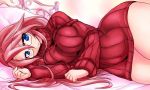  1girl aty aty_(summon_night) bed blue_eyes breast_squeeze breasts glasses hips kobayashi_tetsuya large_breasts long_hair lying on_side pillow pink_hair smile solo summon_night summon_night_3 sweater turtleneck very_long_hair 