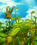  1girl antenna_hair bad_id bird clouds green_hair hal_(artist) haruo_(clownberry) highres nature original plant plant_girl pointing sky solo 