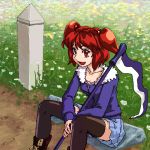  1girl casual contemporary female kiriu lowres oekaki onozuka_komachi open_mouth red_eyes redhead scythe sitting solo thigh-highs touhou twintails 