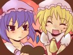 2girls aoi_tobira ascot blush chocolate chocolate_heart closed_eyes fang female flandre_scarlet food food_on_face hat heart mob_cap multiple_girls open_mouth remilia_scarlet short_sleeves siblings sisters touhou upper_body valentine wings 