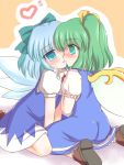  2girls blush bow cirno couple daiyousei female heart kiss kneeling multiple_girls ry the_embodiment_of_scarlet_devil touhou wings yuri 