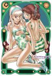  2girls blonde_hair brown_eyes brown_hair cleavage_cutout clitlogic collar green_eyes hairband long_hair looking_back mihoto_kouji multiple_girls one-piece_swimsuit sandals short_hair striped swimsuit 