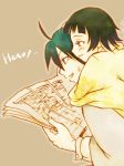  1boy 1girl :d ahoge beige_background couple from_side green_eyes green_hair hetero holding hug hug_from_behind itoshiki_nozomu long_sleeves newspaper open_mouth profile reading sayonara_zetsubou_sensei simple_background smile sweater tsunetsuki_matoi 