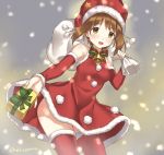  1girl bangs bell bow brown_eyes brown_hair cowboy_shot detached_sleeves dress foreshortening gift girls_und_panzer hat highres holding jingle_bell looking_at_viewer nishizumi_miho open_mouth oversized_object red_dress red_hat red_legwear ren_san santa_costume santa_hat short_hair sleeveless sleeveless_dress smile snow solo standing star_hat_ornament thigh-highs 