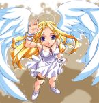  1girl angel angel_wings arms_up blonde_hair blue_eyes bridal_gauntlets choker dress from_above gem halo kamiya_maneki long_hair looking_up solo standing wings 