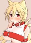  1girl animal_ears beige_background belt blonde_hair blush breasts buckle collar large_breasts red_eyes shiki_(artist) shiki_(no-reply) short_hair simple_background solo upper_body 