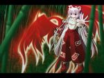  1girl bamboo bamboo_forest bird bow female fiery_wings forest fujiwara_no_mokou hair_bow letterboxed long_hair nature phoenix red_eyes side_b silver_hair solo suspenders touhou very_long_hair wings 