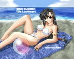  1girl arm_support ball bandeau barefoot beach beachball bikini breasts character_name earrings erect_nipples final_fantasy final_fantasy_vii jewelry long_hair low-tied_long_hair maki_(seventh_heaven_maxion) medium_breasts navel ocean sand solo swimsuit tied_hair tifa_lockhart towel wet 