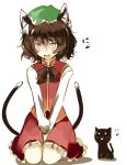  1girl animal_ears blush brown_hair cat cat_ears cat_tail chen curly_hair earrings fang female hat jewelry kneeling multiple_tails short_hair slit_pupils solo tail takaharu touhou v_arms yellow_eyes 