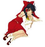  1girl :o black_hair blush bobby_socks bow detached_sleeves dress female hair_bow hakurei_reimu long_sleeves mary_janes parted_lips ponytail red_bow red_dress red_eyes red_shoes ribbon-trimmed_sleeves ribbon_trim shoes short_hair socks solo tareme touhou white_legwear 