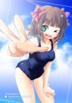  1girl :d amami_haruka aqua_eyes bad_id bangs blunt_bangs blush_stickers brown_hair green_eyes hand_on_leg idolmaster komone_ushio leaning_forward one-piece_swimsuit one_eye_closed open_mouth school_swimsuit sky smile solo swimsuit v 