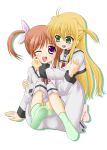  arisa_bannings fangs footwear lyrical_nanoha mahou_shoujo_lyrical_nanoha mahou_shoujo_lyrical_nanoha_a&#039;s school_uniform serafuku socks tadokoro_teppei takamachi_nanoha wink 