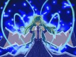 1girl asymmetrical_hair bare_shoulders blue_skirt closed_eyes collarbone detached_sleeves female frog_hair_ornament glowing green_hair hair_ornament hair_tubes kochiya_sanae kumadano long_skirt long_sleeves magic nontraditional_miko shaded_face skirt snake_hair_ornament solo touhou vest