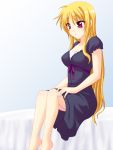  1girl bare_legs barefoot bed bed_sheet black_dress blonde_hair breasts dress fate_testarossa female gradient gradient_background grey_background long_hair lyrical_nanoha mahou_shoujo_lyrical_nanoha mahou_shoujo_lyrical_nanoha_strikers on_bed pink_eyes puffy_short_sleeves puffy_sleeves saki_chisuzu short_sleeves simple_background sitting solo very_long_hair 