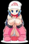  1girl beanie black_background blue_eyes blue_hair boots gambler_club hat hikari_(pokemon) long_hair panties pantyshot pink_boots pokemon red_scarf scarf simple_background smile solo squatting underwear 