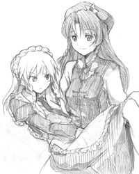  2girls carrying female hong_meiling izayoi_sakuya monochrome multiple_girls princess_carry shironeko sketch the_embodiment_of_scarlet_devil touhou tsuji_kazuho tsuji_kazuo 