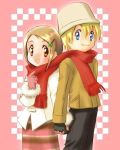  00s 1boy 1girl blonde_hair blue_eyes blush brown_eyes brown_hair clover couple digimon digimon_adventure_02 four-leaf_clover gloves hair_ornament hairclip hand_holding hat hetero interlocked_fingers lowres red_scarf scarf shared_scarf takaishi_takeru yagami_hikari 