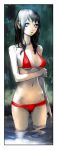  1girl bikini black_hair breasts grey_eyes highres navel original red_bikini solo swimsuit under_boob wading water yasuda_akira 