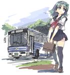  1girl bus female ground_vehicle kochiya_sanae motor_vehicle nature oekaki outdoors plant school_uniform serafuku sketch skirt sky solo thigh-highs touhou uniform vehicle white_background xexu zettai_ryouiki 