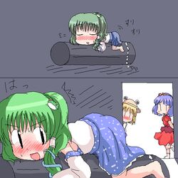  3girls aliasing barefoot blush caught chibi comic female geetsu hat indoors kochiya_sanae moriya_suwako multiple_girls oekaki onbashira skirt touhou yasaka_kanako 