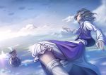  2girls cirno clouds female flying hair_ribbon lain landscape letty_whiterock mountain multiple_girls outstretched_hand petals ribbon touhou wings |_| 