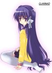  1girl akane_souichi clannad fujibayashi_kyou long_hair purple_hair sitting skirt solo thigh-highs very_long_hair violet_eyes zettai_ryouiki 