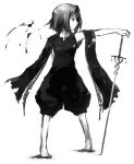  1girl monochrome short_hair simple_background solo sword transient weapon 