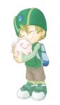  1boy backpack bag blonde_hair blush closed_eyes digimon digimon_adventure happy hat hug lowres male_focus randoseru shorts simple_background smile solo takaishi_takeru tokomon 