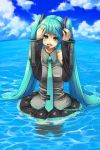 1girl clouds goe green_eyes green_hair hatsune_miku necktie ocean open_mouth sky solo thigh-highs twintails vocaloid wading water 