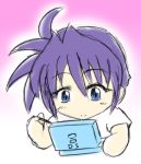  1girl blue_eyes handheld_game_console lowres lyrical_nanoha mahou_shoujo_lyrical_nanoha mahou_shoujo_lyrical_nanoha_strikers nintendo nintendo_ds playing_games purple_hair solo subaru_nakajima wakabayashi_makoto 