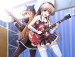  1boy 1girl ahoge band bare_shoulders bass_guitar blonde_hair blue_eyes brown_hair crossdressinging electric_bass game_cg gibson_sg green_eyes guitar instrument kashiwara_sarina katakura_shinji kira_kira long_hair maejima_shikako maejima_shikanosuke nun pantyhose smile thigh-highs trap very_long_hair wink 