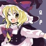  1girl blonde_hair bow female hair_bow hat kirisame_marisa lowres one_eye_closed open_mouth smile solo tako_(plastic_protein) touhou wink witch witch_hat 