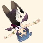  1girl :o armlet bat_wings black_legwear black_shoes blue_eyes blue_hair bracelet buckle demon_tail dress full_body hair_bobbles hair_ornament high_heels jewelry mikazukimo necktie open_mouth original outstretched_arms pantyhose purple_necktie shoes short_dress simple_background sleeveless solo spread_arms tail thigh-highs twintails upside-down wing_collar wings 