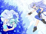  2girls battle blue_eyes blue_hair book book_of_the_azure_sky bow cirno crossover fingerless_gloves gloves hair_bow hair_ornament hair_ribbon long_hair lyrical_nanoha magic_circle magical_girl mahou_shoujo_lyrical_nanoha mahou_shoujo_lyrical_nanoha_strikers miyabi_sachi multiple_girls reinforce_zwei ribbon short_hair single_thighhigh thigh-highs touhou wings x_hair_ornament 