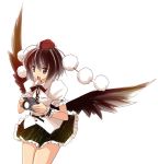  1girl :d bare_legs belt black_skirt black_wings camera female hat hermmy looking_at_viewer open_mouth pom_pom_(clothes) puffy_short_sleeves puffy_sleeves shameimaru_aya shirt short_sleeves simple_background skirt smile solo standing thighs tokin_hat touhou white_background white_shirt wings 