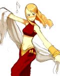  1girl agrias_oaks bare_shoulders blonde_hair blush breasts brown_eyes class_change dancer dancer_(fft) final_fantasy final_fantasy_tactics long_hair midriff simple_background sleeveless sleeveless_turtleneck solo turtleneck 