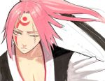  1girl arc_system_works baiken frown guilty_gear japanese_clothes kimono one-eyed pink_eyes pink_hair portrait scar scar_across_eye solo 