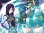  1boy armor blue_eyes bodysuit expressionless glowing gundam gundam_00 gundam_virtue hand_on_hip helmet light_rays machinery male_focus mecha pale_skin purple_hair red_eyes shigarami_kyouma skin_tight solo sparkle standing tieria_erde upper_body virtue 