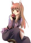  1girl animal_ears apple food fruit holding holding_fruit holo oujima_tamaki solo spice_and_wolf tail wolf_ears 