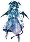1girl blue female gradient head_wings koakuma monochrome solo tail takishima_asaka the_embodiment_of_scarlet_devil touhou traditional_media