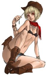  1girl bikini bikini_top blonde_hair boots colorge cowboy_hat flat_chest full_body hat holster midriff original panties pantyshot pointy_ears red_eyes scarf solo swimsuit thigh_strap underwear western 