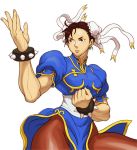  1girl bosnoheya bracelet brown_eyes brown_hair bun_cover capcom china_dress chinese_clothes chun-li double_bun dress earrings eyeshadow female fighting_stance jewelry makeup muscle pantyhose pelvic_curtain ribbon solo spiked_bracelet spikes street_fighter yamamiya_hiroshi 