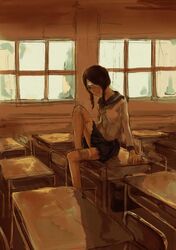  3tohei bandage classroom desk eyepatch kobushi_abiru sayonara_zetsubou_sensei school_uniform serafuku 