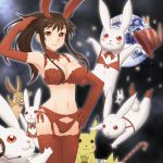  1girl animal_ears bad_id bra brown_eyes brown_hair lingerie panties pikachu pokemon ponytail rabbit rabbit_ears solo thigh-highs ume_(driveume) underwear underwear_only 