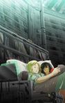  2girls 71 black_hair blonde_hair book closed_eyes computer couple cup dark_skin library mole mug multiple_girls original pillow science_fiction sleeping tan 