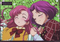  2girls absurdres blush closed_eyes clover code_geass cornelia_li_britannia euphemia_li_britannia flower grass hand_holding highres iwasawa_reiko long_hair multiple_girls ochiai_hitomi official_art pink_hair purple_hair scan short_hair siblings sisters sleeping younger 