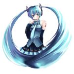  1girl bare_shoulders blue_eyes blue_hair circle detached_sleeves finger_to_mouth gin&#039;ichi_(akacia) ginichi hatsune_miku headset long_hair necktie simple_background smile solo twintails very_long_hair vocaloid 